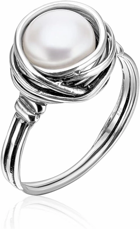 JEAN RACHEL JEWELRY 925 Sterling Silver Ring with Fresh Water Pearl Wire Wrap Vintage Design - Hypoallergenic, Nickel & Lead-free - Artisan Handcrafted Statement Rings for Women