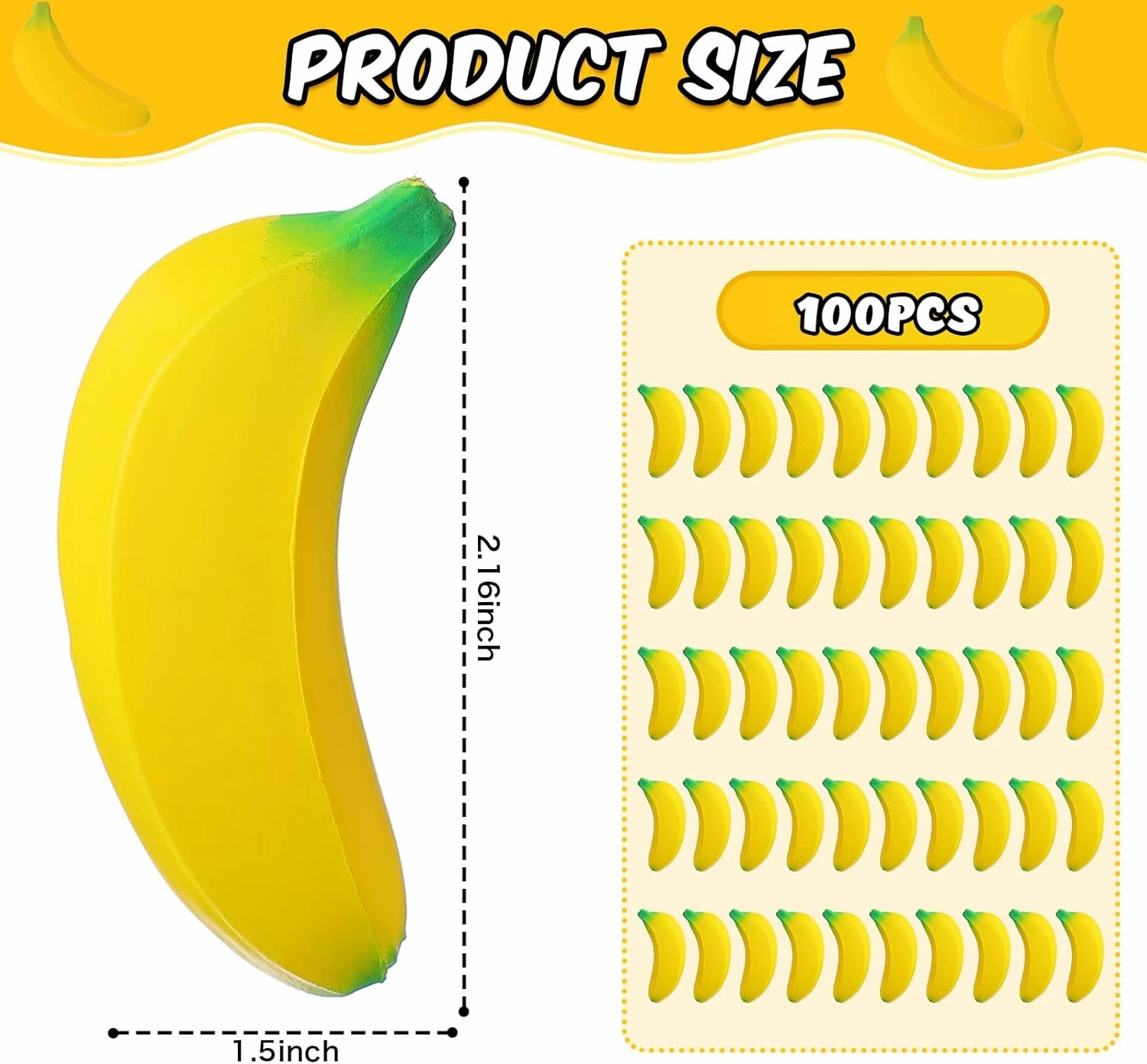 Jerify 100 Pcs Banana Stress Toys Stretchy Banana Fidget Toys Realistic Stretchy Pu Foam Party Favors for Teens and Adults(2.36 Inches)