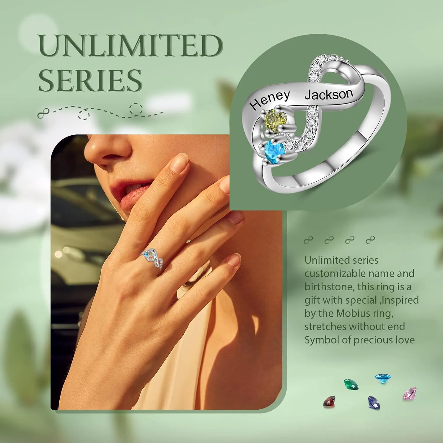 JewelOra Personalized Simulated Birthstones Ring for Women Customized Infinity Wedding Ring Butterfly Engraved Name Engagement Ring for Mother Grandma