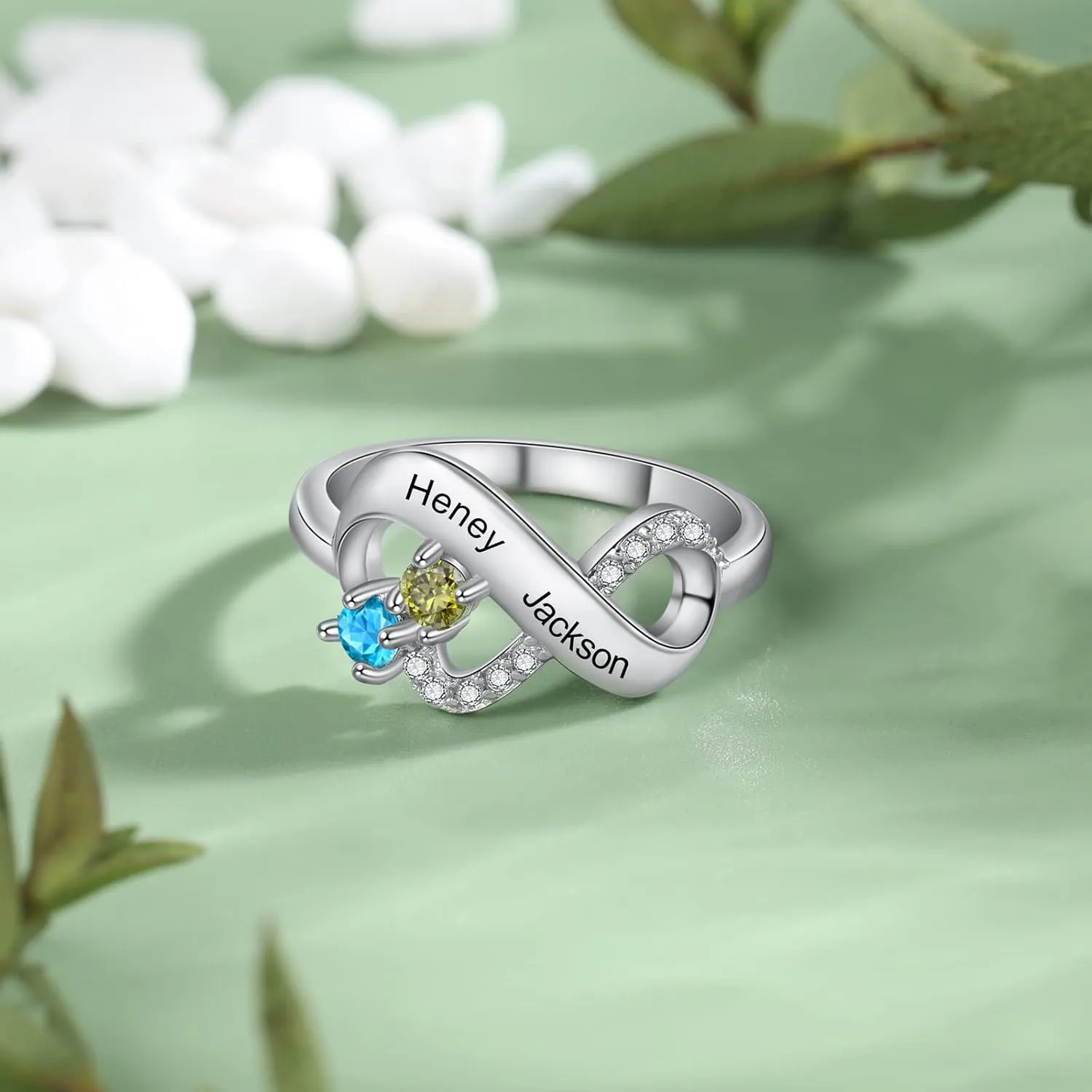 JewelOra Personalized Simulated Birthstones Ring for Women Customized Infinity Wedding Ring Butterfly Engraved Name Engagement Ring for Mother Grandma