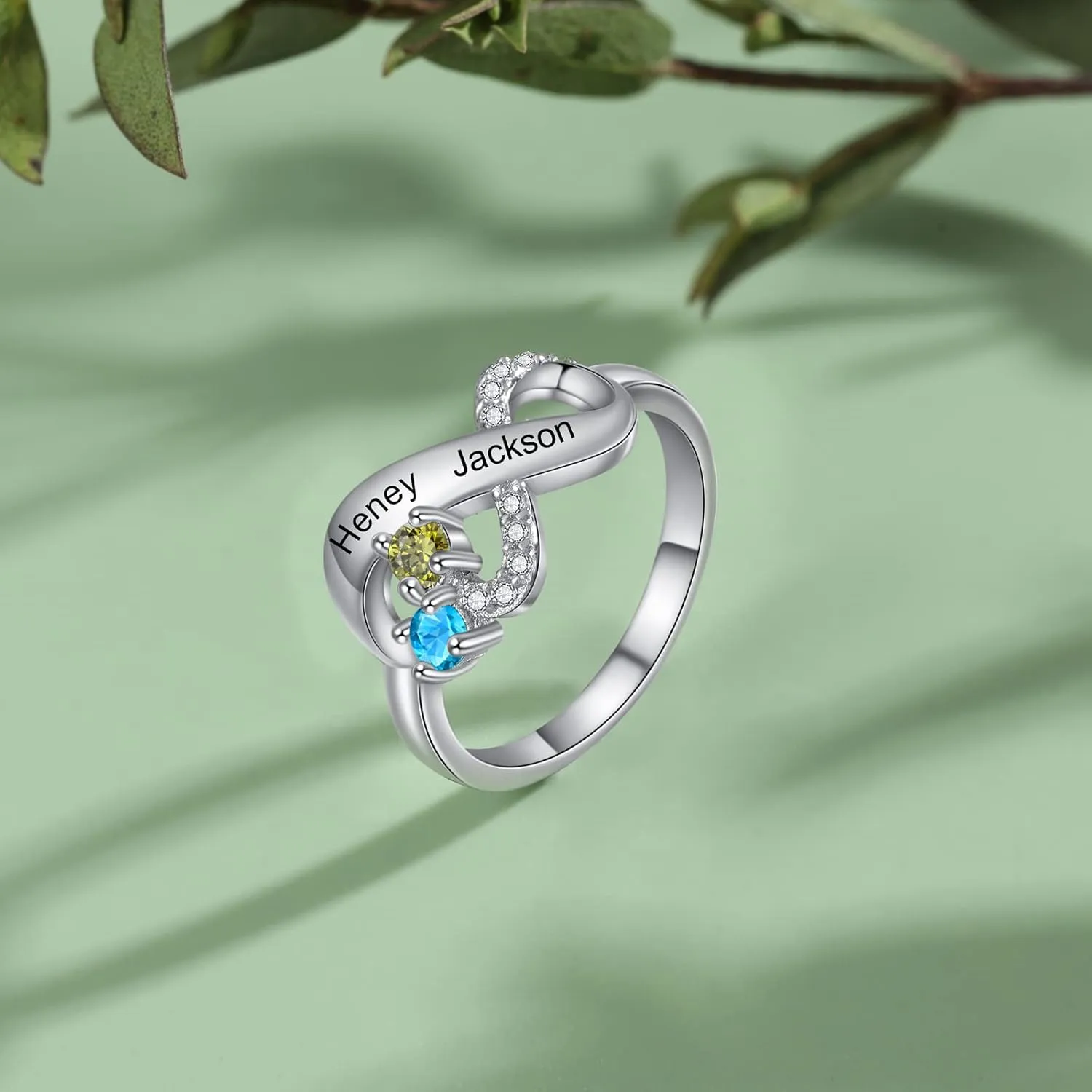 JewelOra Personalized Simulated Birthstones Ring for Women Customized Infinity Wedding Ring Butterfly Engraved Name Engagement Ring for Mother Grandma