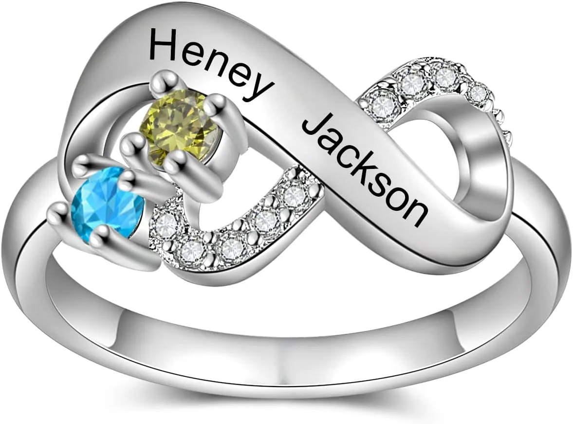 JewelOra Personalized Simulated Birthstones Ring for Women Customized Infinity Wedding Ring Butterfly Engraved Name Engagement Ring for Mother Grandma