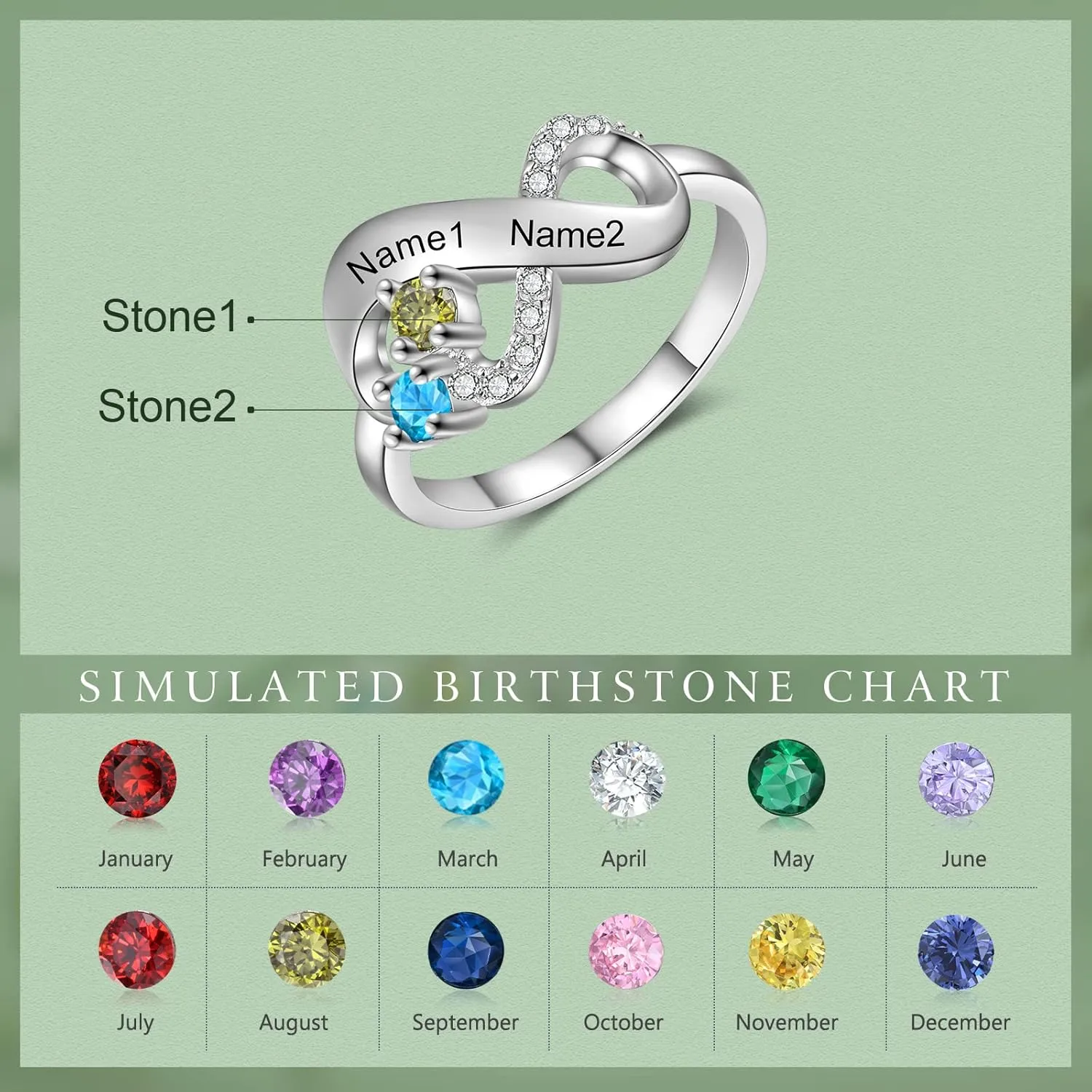 JewelOra Personalized Simulated Birthstones Ring for Women Customized Infinity Wedding Ring Butterfly Engraved Name Engagement Ring for Mother Grandma