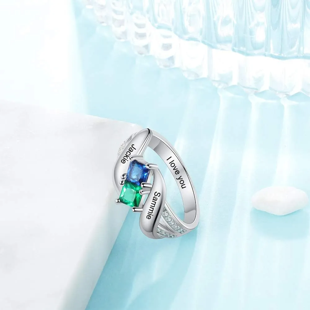 JewelOra Personalized Women Promise Rings with 2 Simulated Birthstones Custom Engraved 2 Names Rings for Mother Jewelry Gifts for Wife Girlfriend Her
