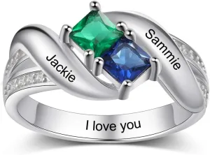 JewelOra Personalized Women Promise Rings with 2 Simulated Birthstones Custom Engraved 2 Names Rings for Mother Jewelry Gifts for Wife Girlfriend Her