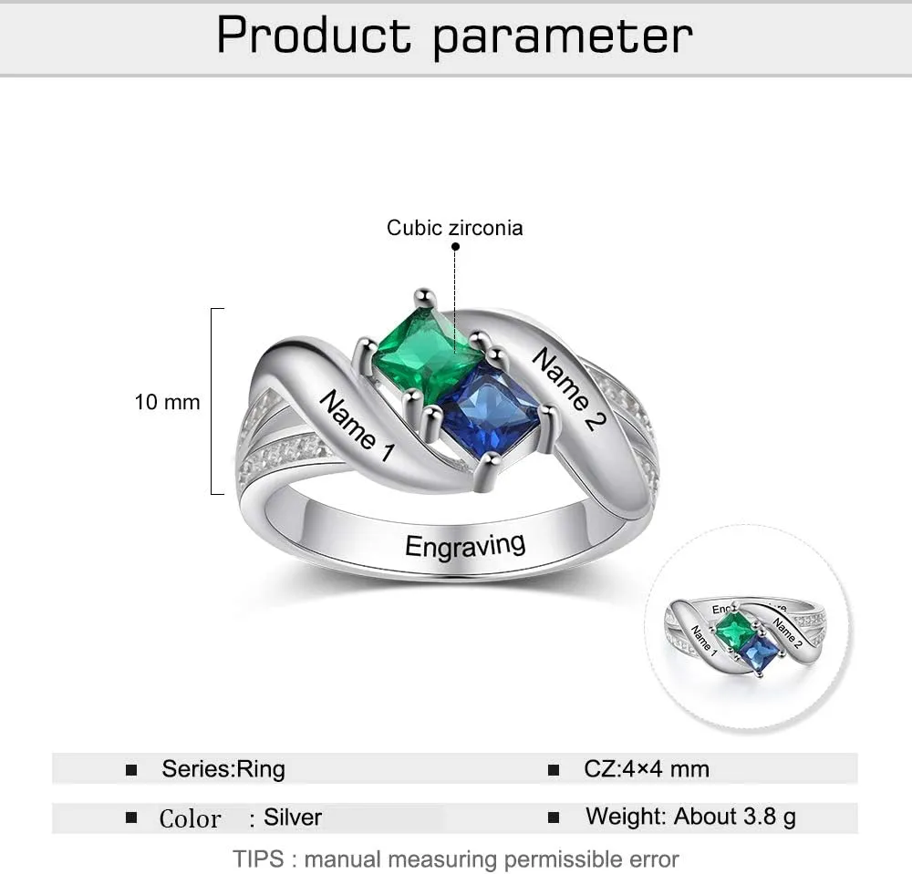 JewelOra Personalized Women Promise Rings with 2 Simulated Birthstones Custom Engraved 2 Names Rings for Mother Jewelry Gifts for Wife Girlfriend Her