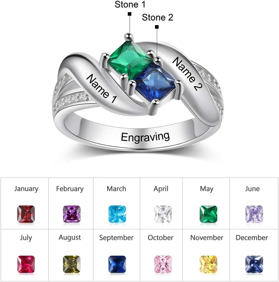 JewelOra Personalized Women Promise Rings with 2 Simulated Birthstones Custom Engraved 2 Names Rings for Mother Jewelry Gifts for Wife Girlfriend Her