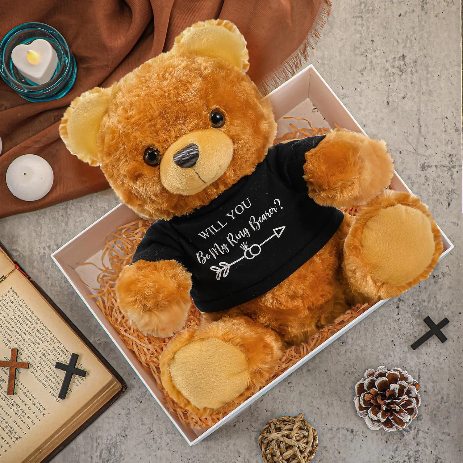 Jexine 2 Pieces Wedding 10 Inch Bear Stuffed Animal Will You Be My Flower Girl Ring Boy Proposal Gifts from Bride Groom with Clothing for Wedding Proposal Anniversary Party (Ring Bearer)