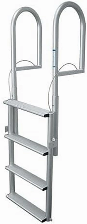 JIF Marine Retractable Sliding Dock Lift Ladder – 4-Step Aluminum Dock Ladder with Extra-Wide 4" Steps, Lift-Up Storage Design, and Double Ring Lock – 750 lb Capacity