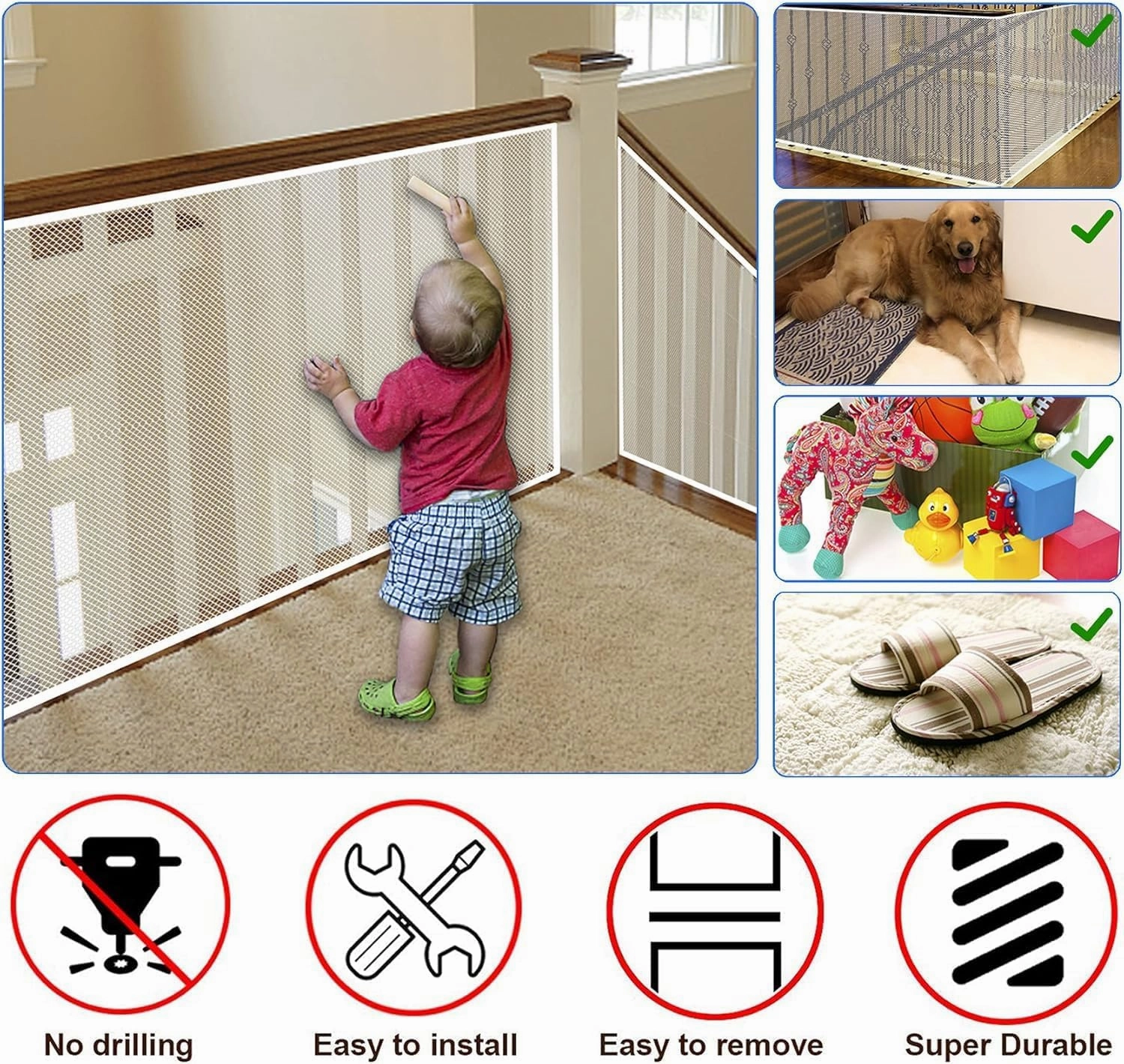 JIFTOK Baby Gate for Stairs, Banister Guard for Kids, Pets, Toys, 15ft L x 2.66 ft H, Mesh Netting Safety Net for Balcony Rail Stair, Stairway Net Baby Safety Products for Indoor & Outdoor (White)