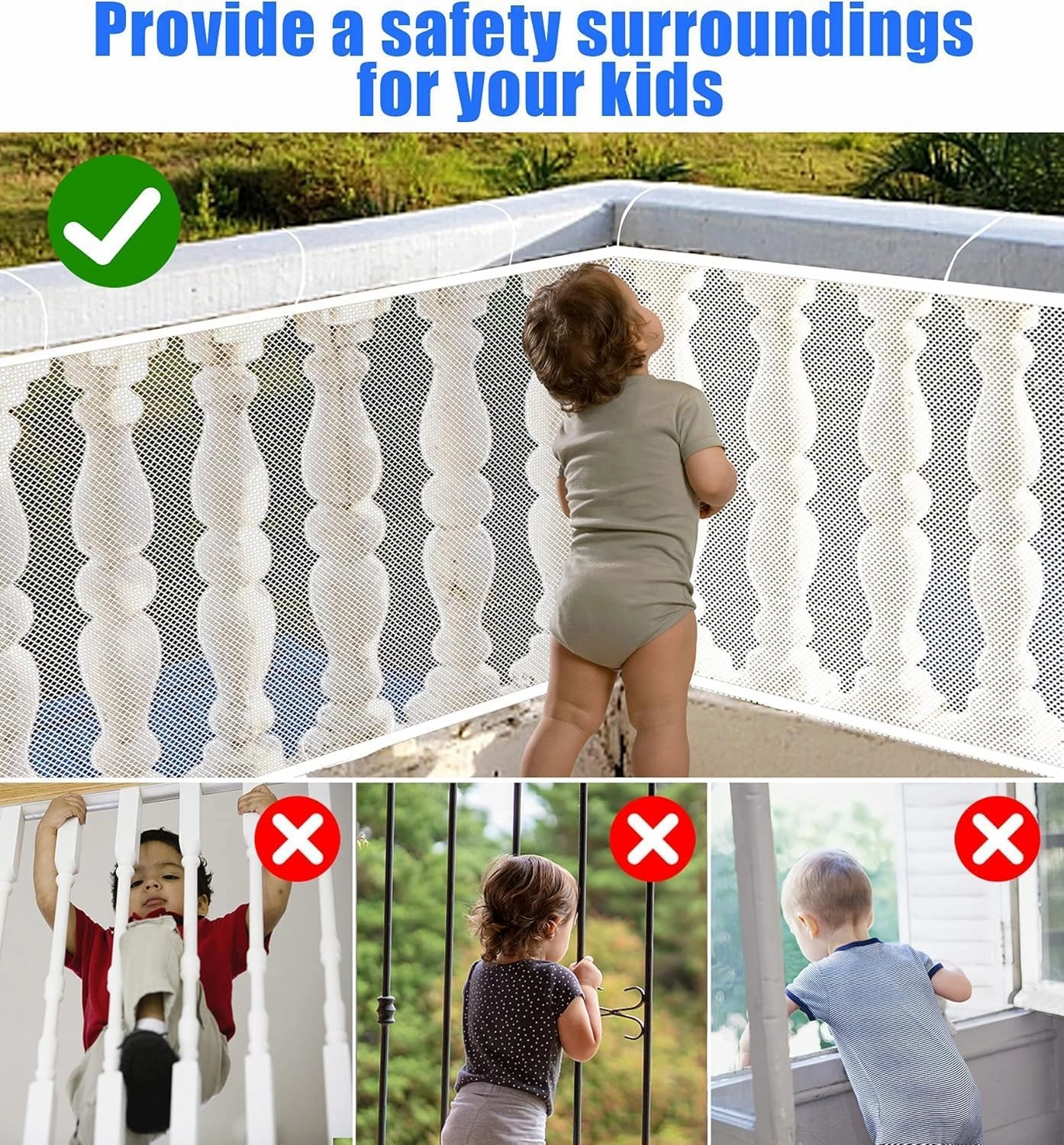 JIFTOK Baby Gate for Stairs, Banister Guard for Kids, Pets, Toys, 15ft L x 2.66 ft H, Mesh Netting Safety Net for Balcony Rail Stair, Stairway Net Baby Safety Products for Indoor & Outdoor (White)
