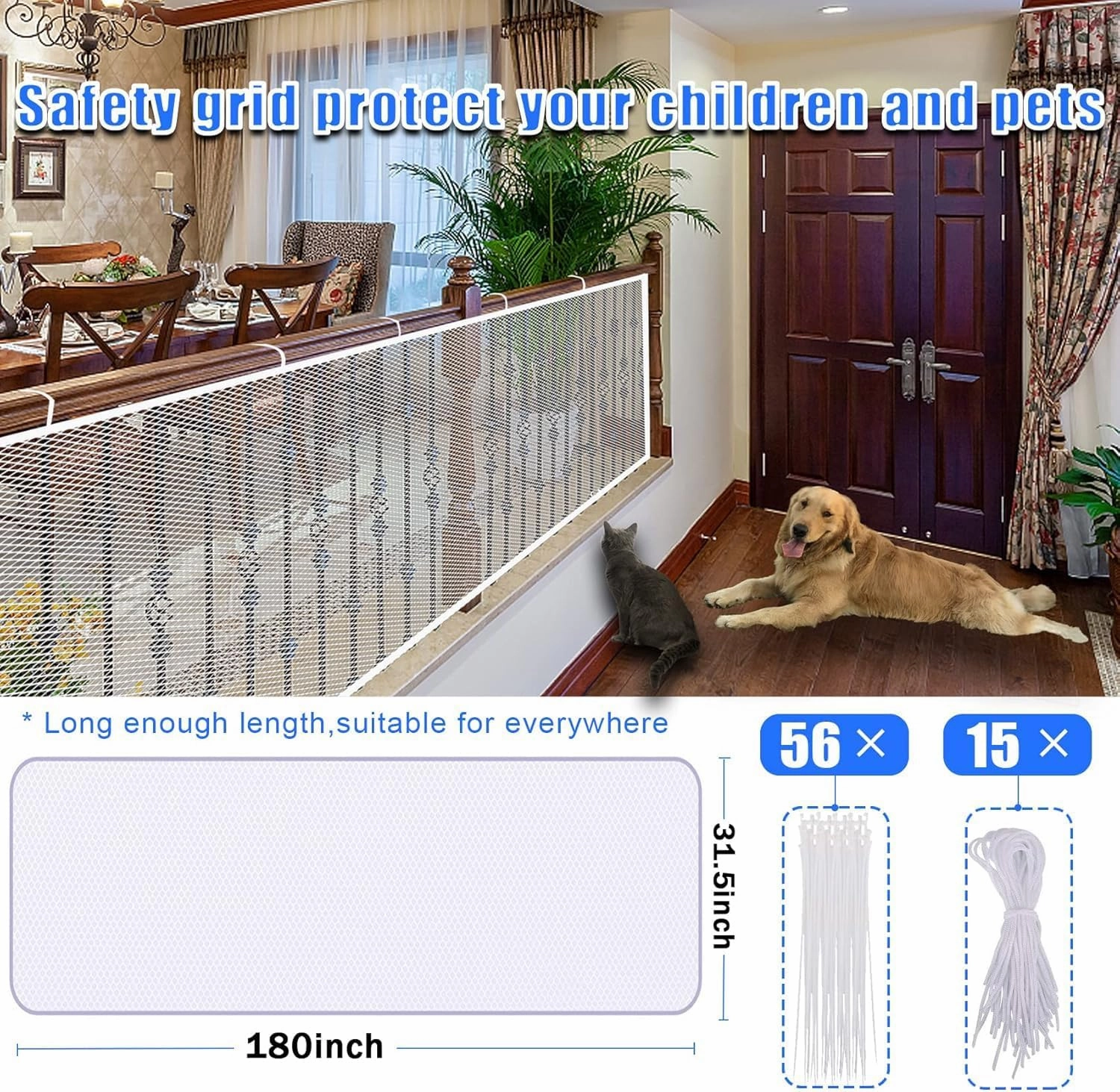 JIFTOK Baby Gate for Stairs, Banister Guard for Kids, Pets, Toys, 15ft L x 2.66 ft H, Mesh Netting Safety Net for Balcony Rail Stair, Stairway Net Baby Safety Products for Indoor & Outdoor (White)