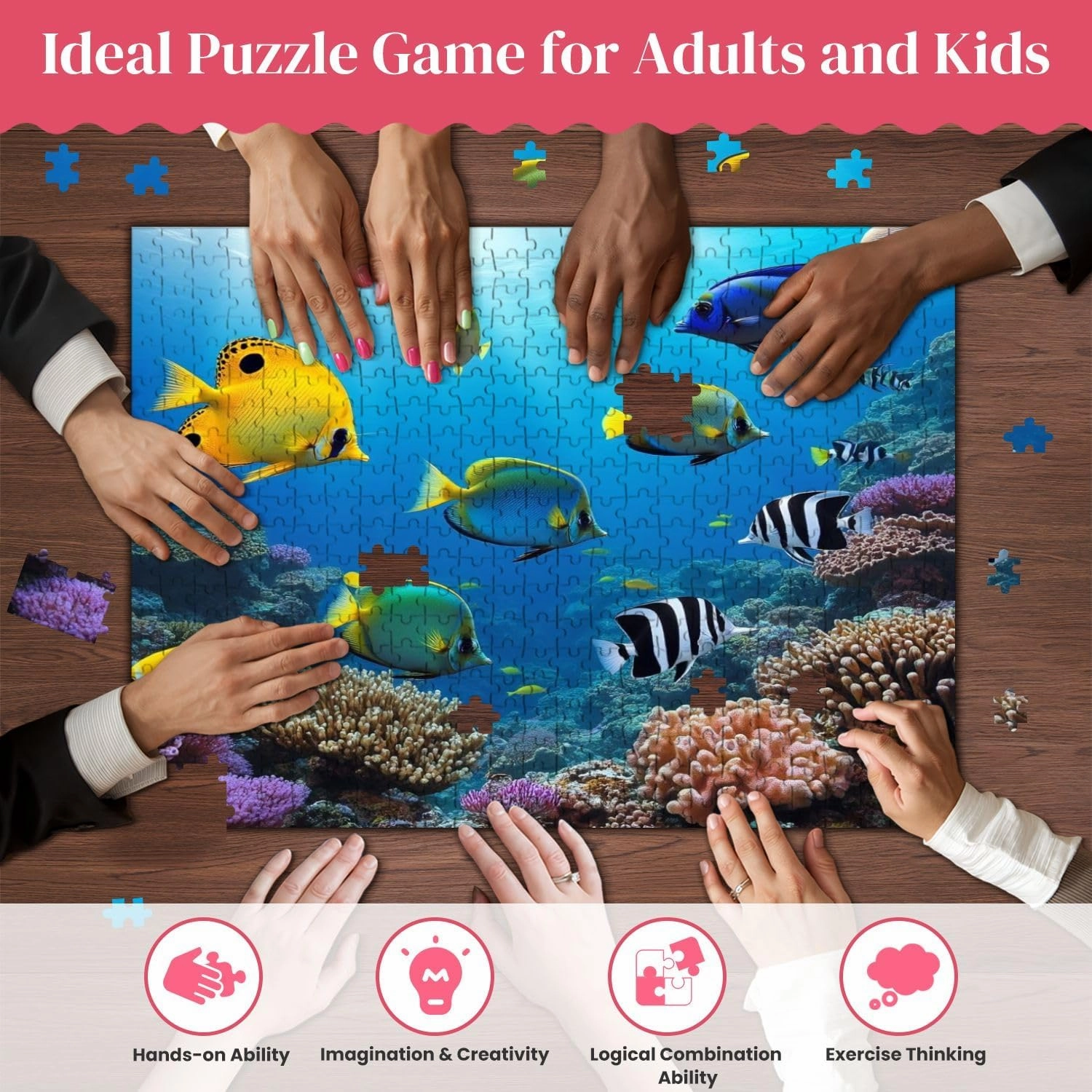 Jigsaw Puzzles Wooden Jigsaw Toy Family Game Wall Decor for Adults Teens,Tropical Fish Coral Underwater Ocean Sunshine Marine Reefs Bright Blue
