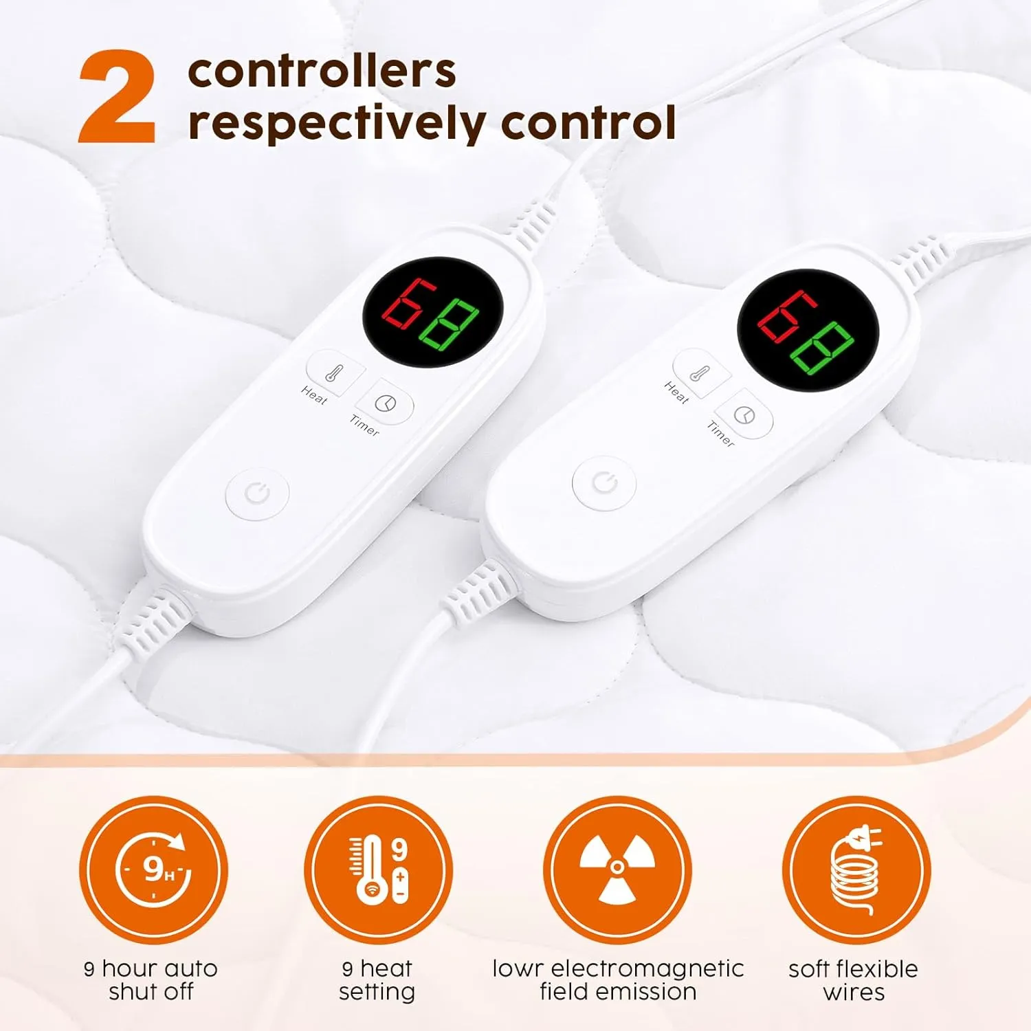 JinJeeo Heated Mattress Pad Cal King Electric Mattress Pads Electric Bed Warmer Fit up to 21" with 11 Heat Settings Dual Controller 9 Hours Auto Shut Off, White