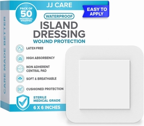 JJ CARE Waterproof Adhesive Island Dressing [Pack of 50], 6” x 6” Sterile Bordered Gauze, Breathable Island Wound Dressing, Individually Wrapped Adhesive Gauze Bandages with Non-Stick Central Pad