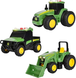John Deere Realistic Farm Vehicles 3 Pack, Toy Vehicles with Lights, Sounds and Friction Rev Motor, 7R Series Tractor, 6105M Tractor and Gator, Party Favor and Gift for Kids 3 