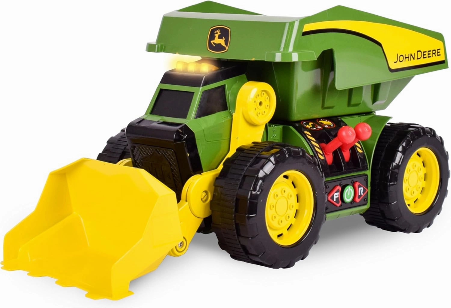 John Deere 18’’ 2-N-1 Dig Rig Toy Dump Truck and Front Loader with Lights, Sound and Motor with Dual Joystick Controllers, Extra Large Construction Truck, Sturdy Plastic, Birthday Gift, 3 