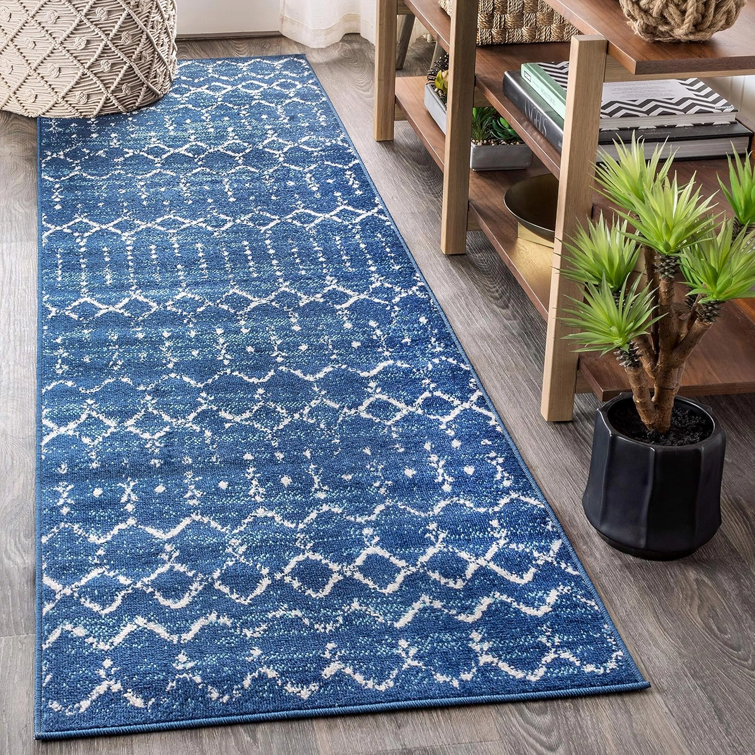 JONATHAN Y MOH101A-210 Moroccan Hype Boho Vintage Diamond Indoor Runner Rug Bohemian Easy -Cleaning Bedroom Kitchen Living Room Non Shedding, 2 X 10, Blue/White