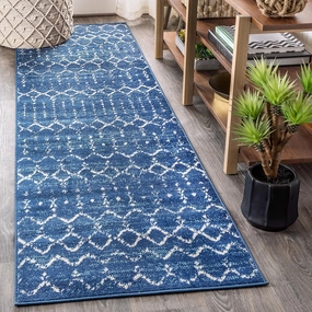 JONATHAN Y MOH101A-210 Moroccan Hype Boho Vintage Diamond Indoor Runner Rug Bohemian Easy -Cleaning Bedroom Kitchen Living Room Non Shedding, 2 X 10, Blue/White