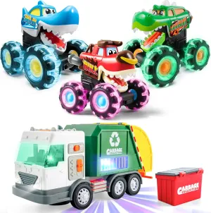 JOYIN 3 Pack Monster Truck Toy - Motion Activated Light-Up Cars for Toddlers, LED Garbage Truck Toy Set Includes Dumpster