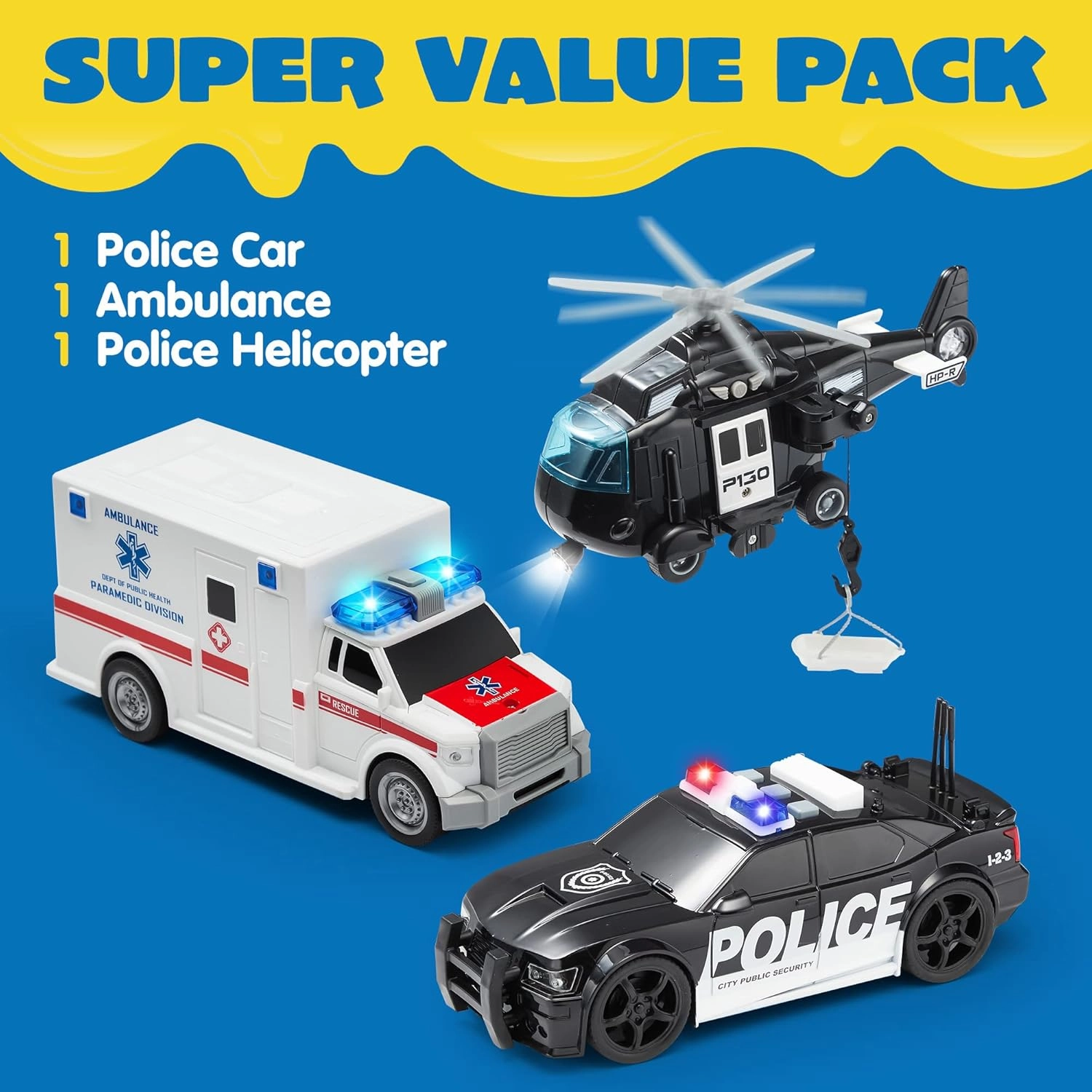 JOYIN Toddler Truck Toys for 3 4 5 6 7 Year Old Boys - Police Car Toy Set, Emergency Vehicle Playset, Friction Powered Car with Lights and Sounds, Christmas Birthday Gifts for Boys Girls Age 3-9