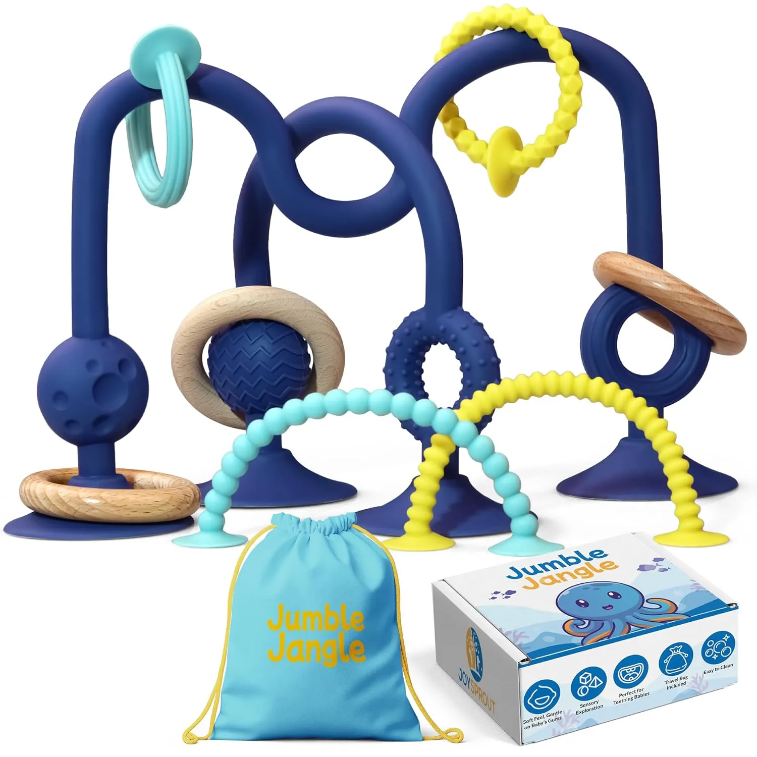 JoySprout Jumble Jangle Baby Teething Toys – BPA-Free Baby Essentials for Teething Relief: Multi-Purpose High Chair Baby Toys 0-6 Months with Sensory Textures for Infants and Toddlers