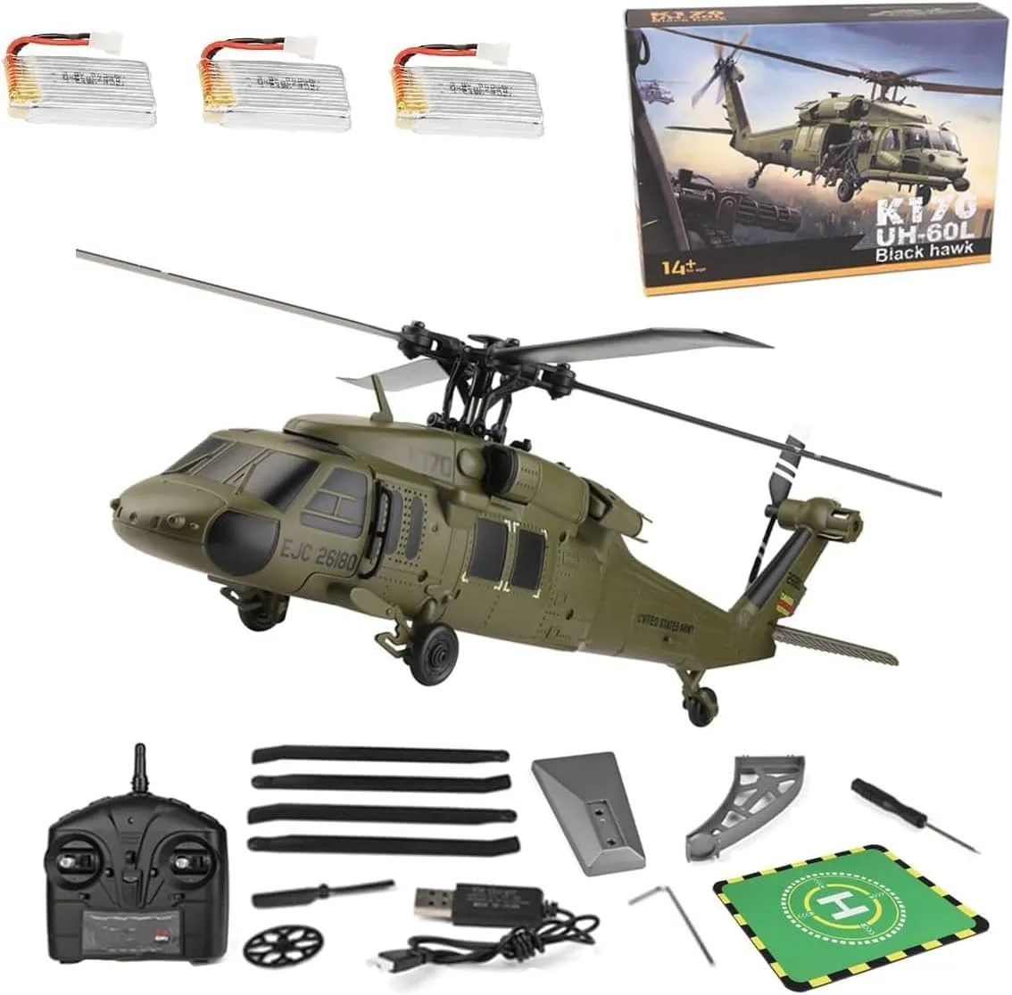K170 Military-Style Helicopter Remote Remote Controlled Helicopter for Adults Beginners, Aircraft Plane 2.4Ghz 4CH RC Heli Aileronless 6-Axis Gyroscope Altitude Hovering