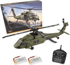 K170 RC Helicopter UH-60L 4 Channel Remote Control Brushless Helicopters, 6-Axis Gyroscope Altitude Hovering Military Aircraft,LED Light Durable RTF Airplane with 2 Batteries
