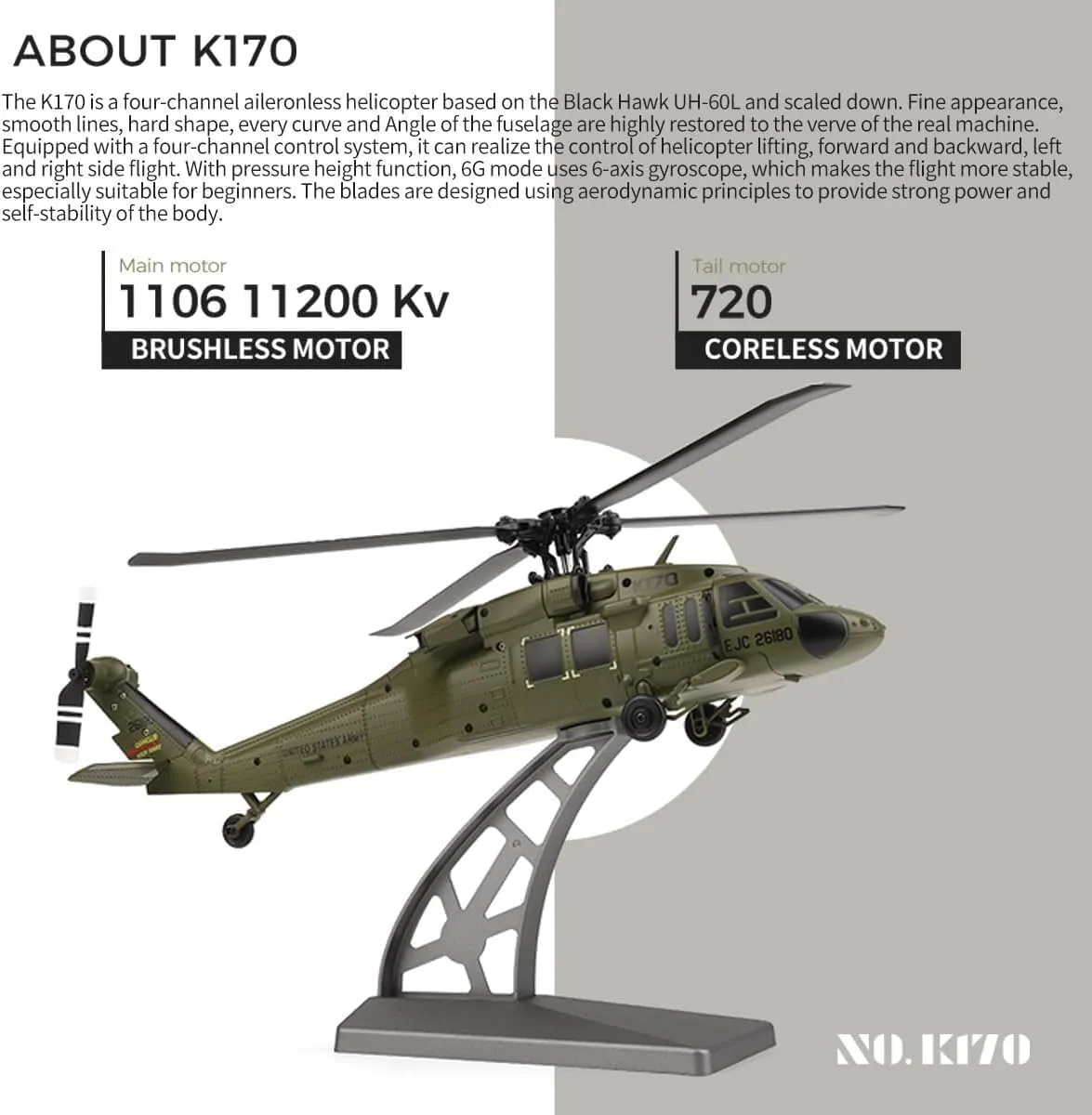 K170 UH60L RC Helicopter for Adults, 2.4G 4CH 6-Axis Gyro Brushless Motor Military RC Helicopter, Gyroscope Altitude Hovering for Adults Beginners, 1 Battery