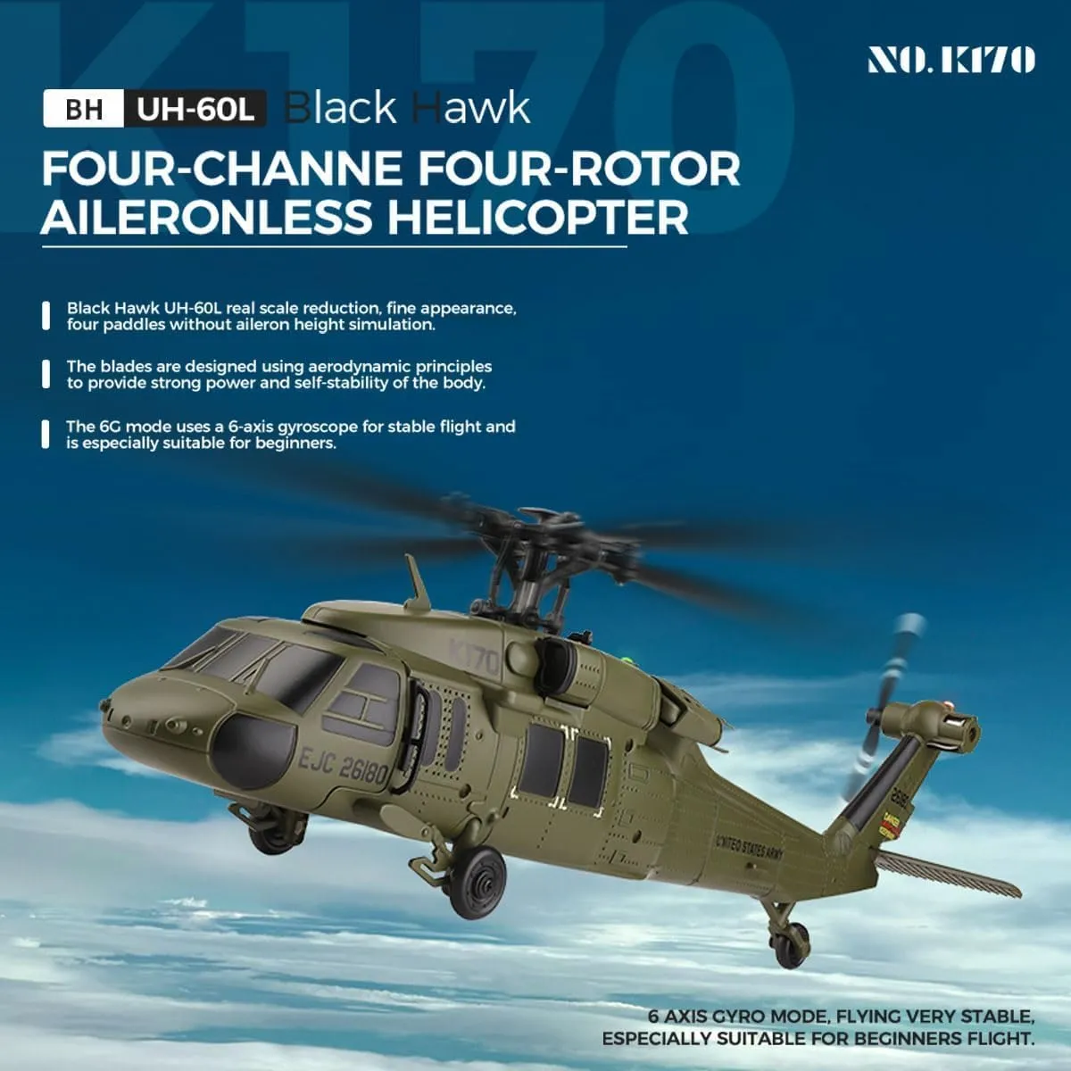 K170 UH60L RC Helicopter for Adults, 2.4G 4CH 6-Axis Gyro Brushless Motor Military RC Helicopter, Gyroscope Altitude Hovering for Adults Beginners, 1 Battery