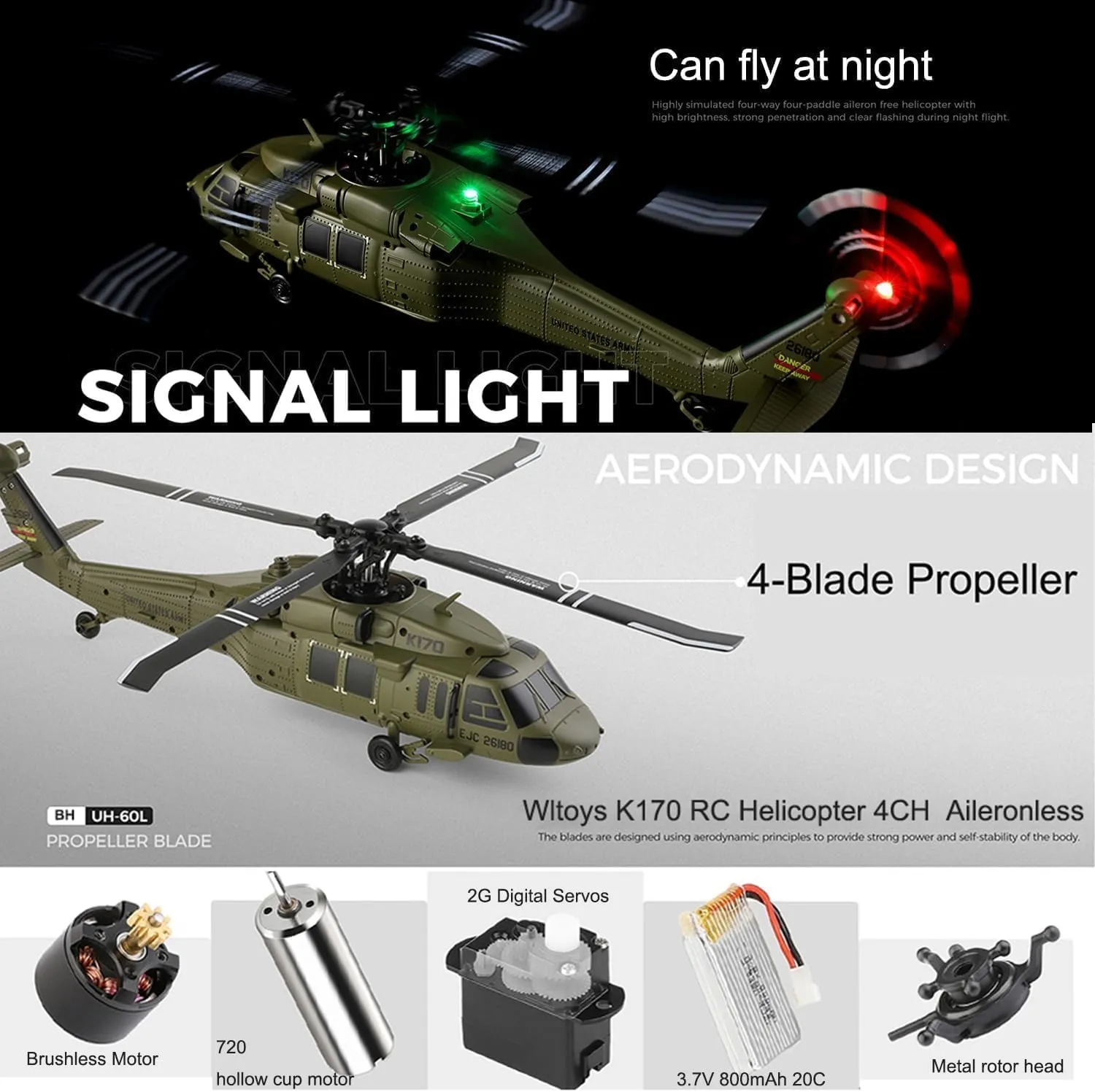 K170 UH60L RC Helicopter for Adults, 2.4G 4CH 6-Axis Gyro Brushless Motor Military RC Helicopter, Gyroscope Altitude Hovering for Adults Beginners, 1 Battery