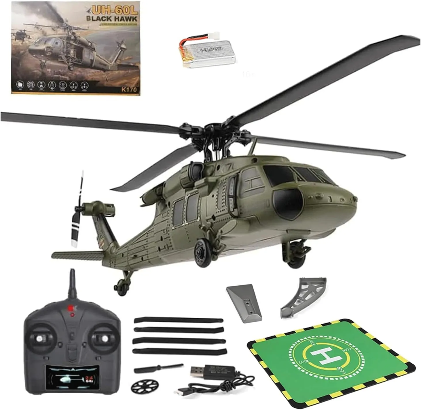 K170 UH60L RC Helicopter for Adults, 2.4G 4CH 6-Axis Gyro Brushless Motor Military RC Helicopter, Gyroscope Altitude Hovering for Adults Beginners, 1 Battery