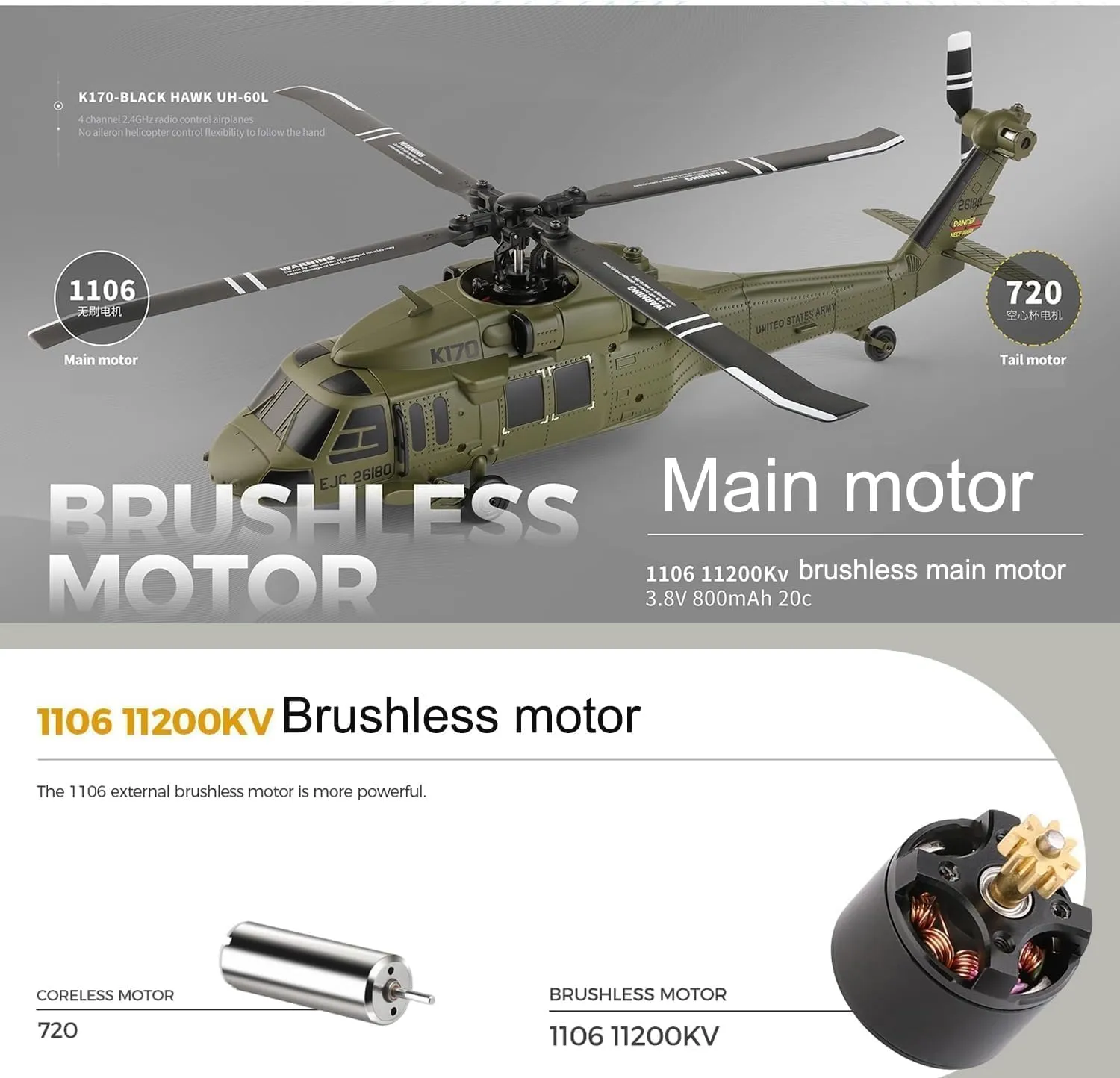 K170 UH60L RC Helicopter for Adults, 2.4G 4CH 6-Axis Gyro Brushless Motor Military RC Helicopter, Gyroscope Altitude Hovering for Adults Beginners, 1 Battery