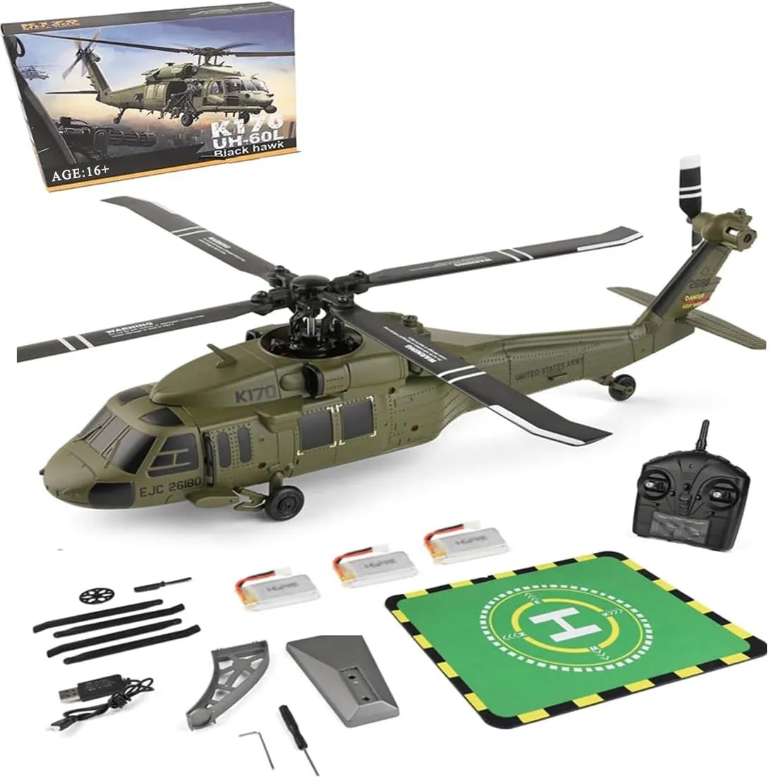 K170 UH60L Remote Controlled Helicopter for Adults, RC Military Helicopters for Beginners, Aircraft Plane 2.4Ghz 4CH RC Helicopter Heli Aileronless 6-Axis Gyroscope Altitude Hovering (3 Batteries)
