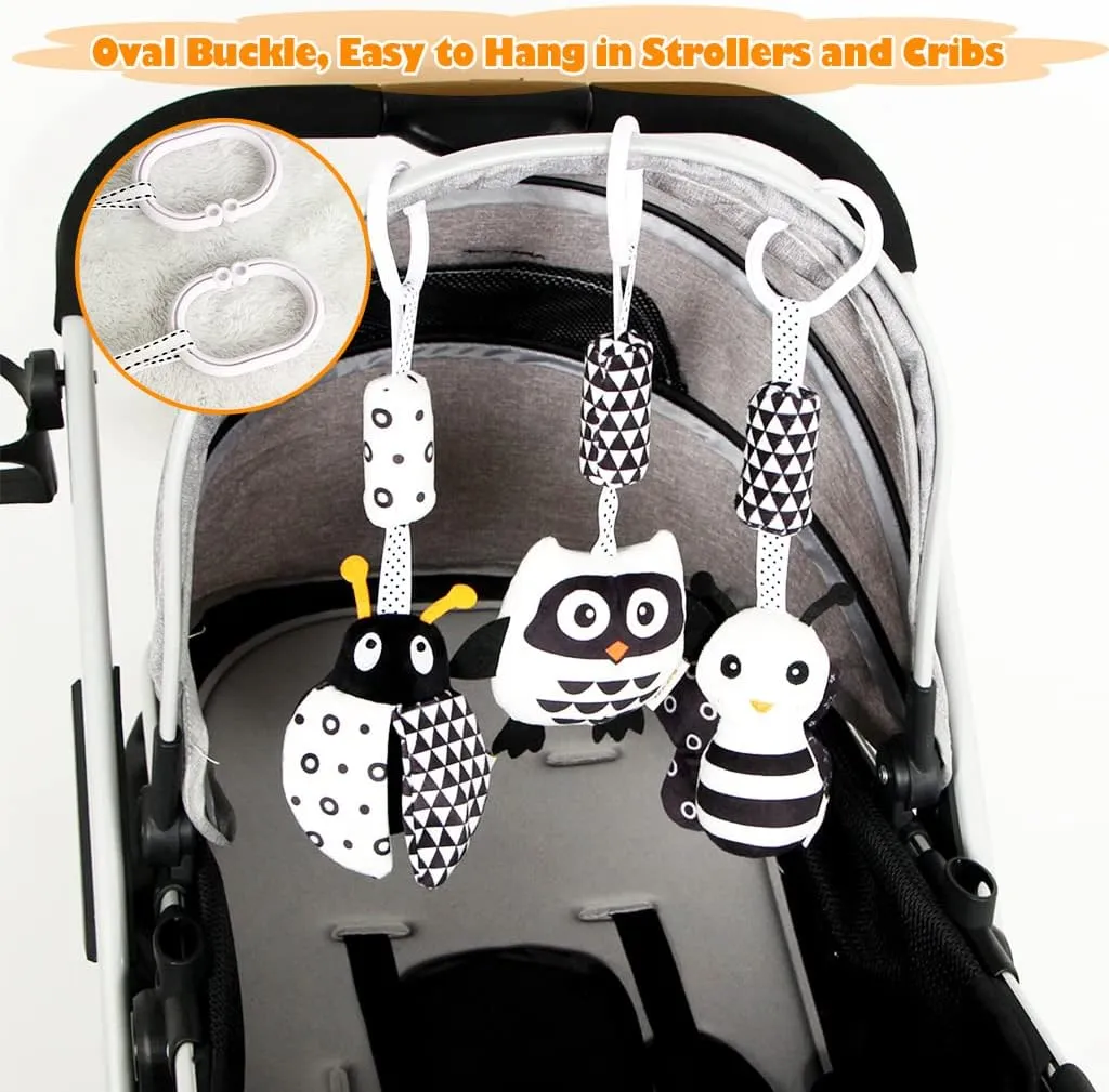 KAKIBLIN Baby Hanging Toy,3 Pack Black and White Baby Toys for 3 6 9 12 Months, High Contrast Hanging Toys,Plush Soft Stroller Rattles Toys for Boys and Girls(21CM, Ladybug,Bee & Owl)