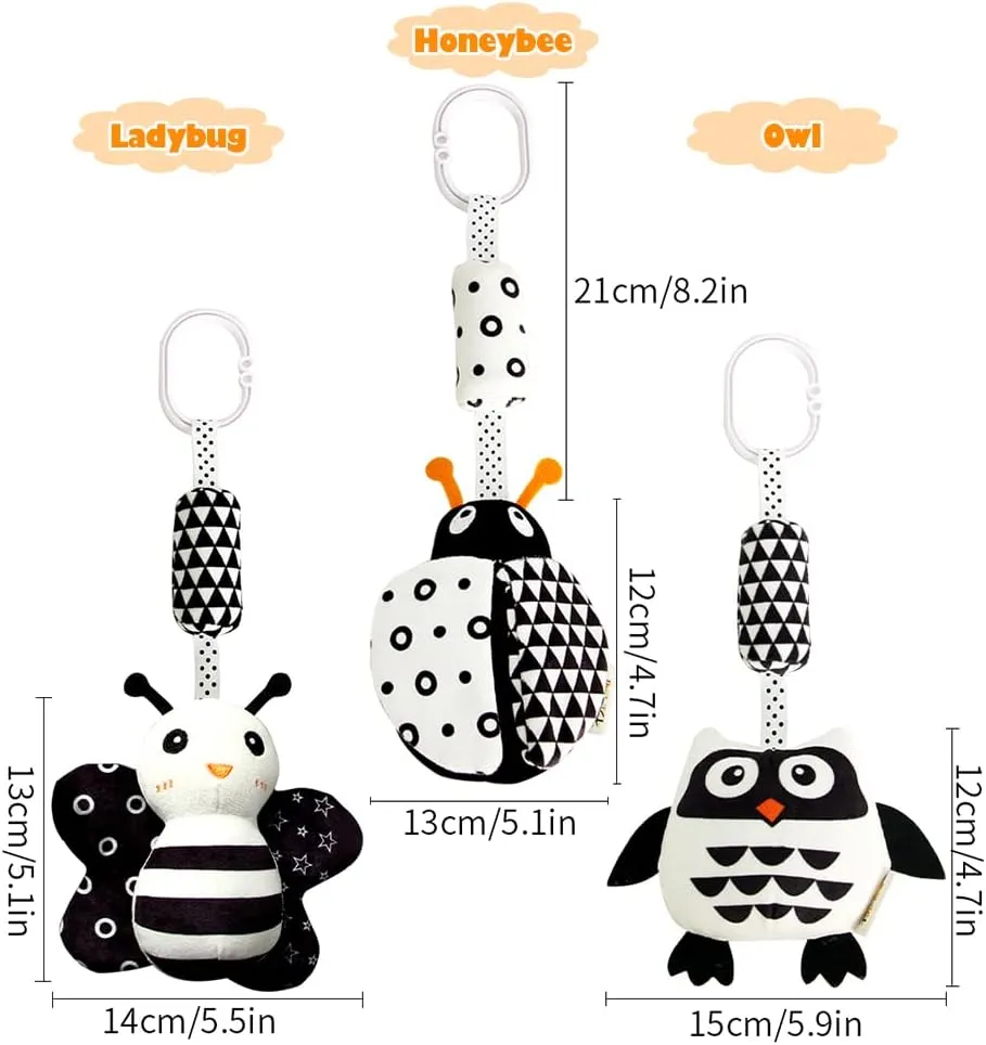 KAKIBLIN Baby Hanging Toy,3 Pack Black and White Baby Toys for 3 6 9 12 Months, High Contrast Hanging Toys,Plush Soft Stroller Rattles Toys for Boys and Girls(21CM, Ladybug,Bee & Owl)