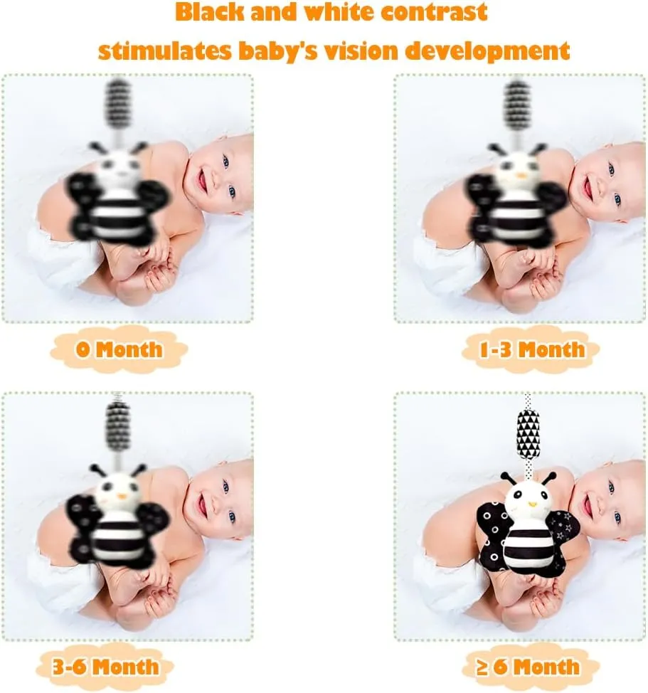 KAKIBLIN Baby Hanging Toy,3 Pack Black and White Baby Toys for 3 6 9 12 Months, High Contrast Hanging Toys,Plush Soft Stroller Rattles Toys for Boys and Girls(21CM, Ladybug,Bee & Owl)
