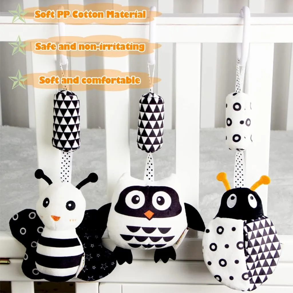KAKIBLIN Baby Hanging Toy,3 Pack Black and White Baby Toys for 3 6 9 12 Months, High Contrast Hanging Toys,Plush Soft Stroller Rattles Toys for Boys and Girls(21CM, Ladybug,Bee & Owl)