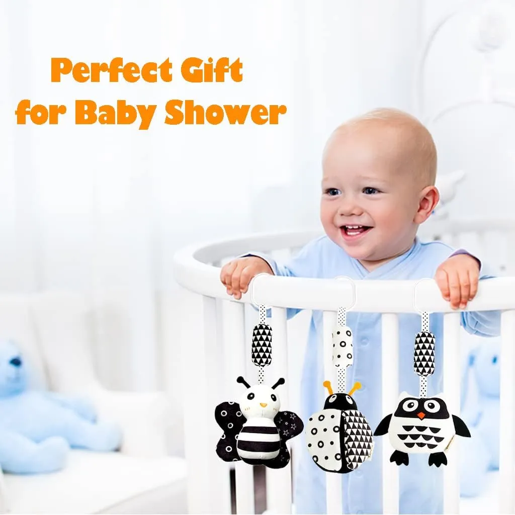 KAKIBLIN Baby Hanging Toy,3 Pack Black and White Baby Toys for 3 6 9 12 Months, High Contrast Hanging Toys,Plush Soft Stroller Rattles Toys for Boys and Girls(21CM, Ladybug,Bee & Owl)