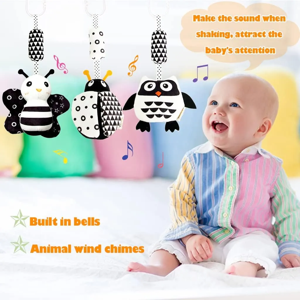 KAKIBLIN Baby Hanging Toy,3 Pack Black and White Baby Toys for 3 6 9 12 Months, High Contrast Hanging Toys,Plush Soft Stroller Rattles Toys for Boys and Girls(21CM, Ladybug,Bee & Owl)