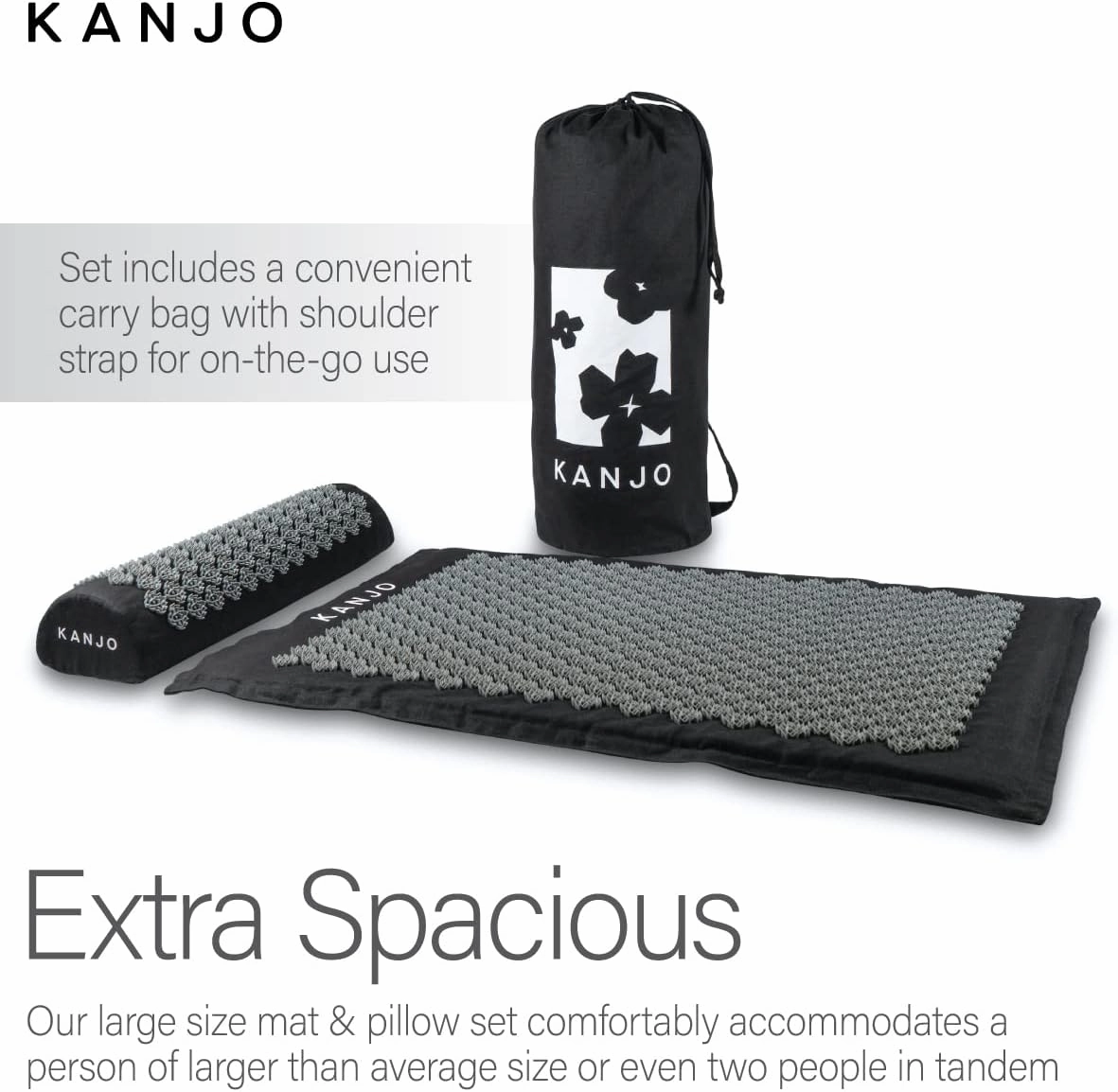 Kanjo FSA HSA Eligible Premium Large Acupressure Mat and Pillow Set for Back Pain Relief & Neck Pain Relief, with Memory Foam Pillow, Includes Carry Bag, Black XL
