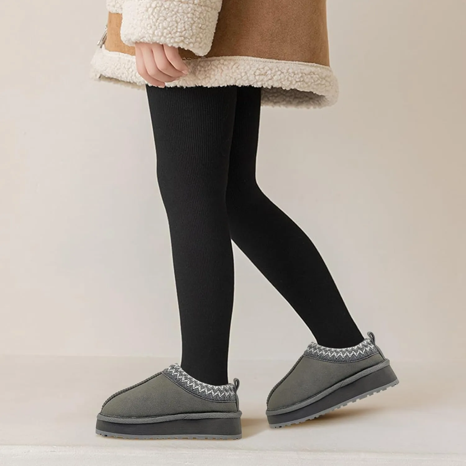Kids Platform Slippers - Cozy Faux Fur Lined Warm Indoor Outdoor Home Plush Mini Boots for Little and Big Kids