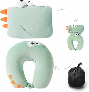 Kids Neck Pillows for Travel - Animal 2-in-1 Transforming Plush Travel Pillow for Airplane and Car Journeys - Adorable U-Shaped Headrest & Neck Support for Kids and Adults - Green Dinosaur