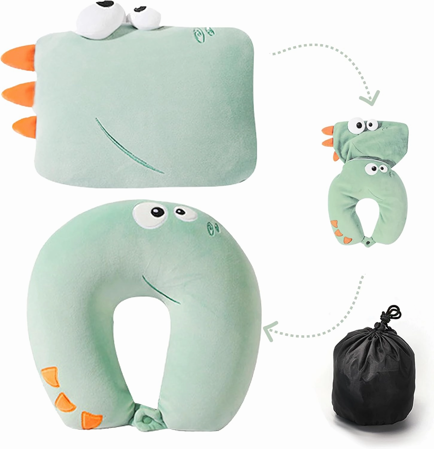 Kids Neck Pillows for Travel - Animal 2-in-1 Transforming Plush Travel Pillow for Airplane and Car Journeys - Adorable U-Shaped Headrest & Neck Support for Kids and Adults - Green Dinosaur