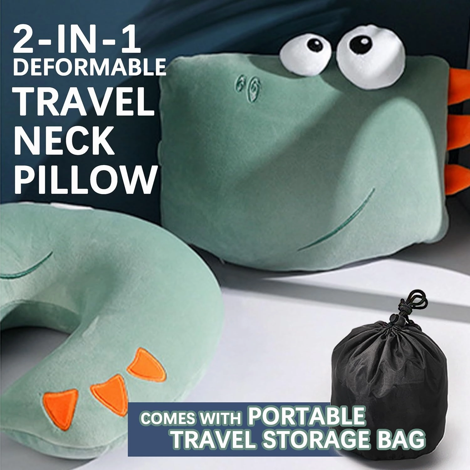 Kids Neck Pillows for Travel - Animal 2-in-1 Transforming Plush Travel Pillow for Airplane and Car Journeys - Adorable U-Shaped Headrest & Neck Support for Kids and Adults - Green Dinosaur