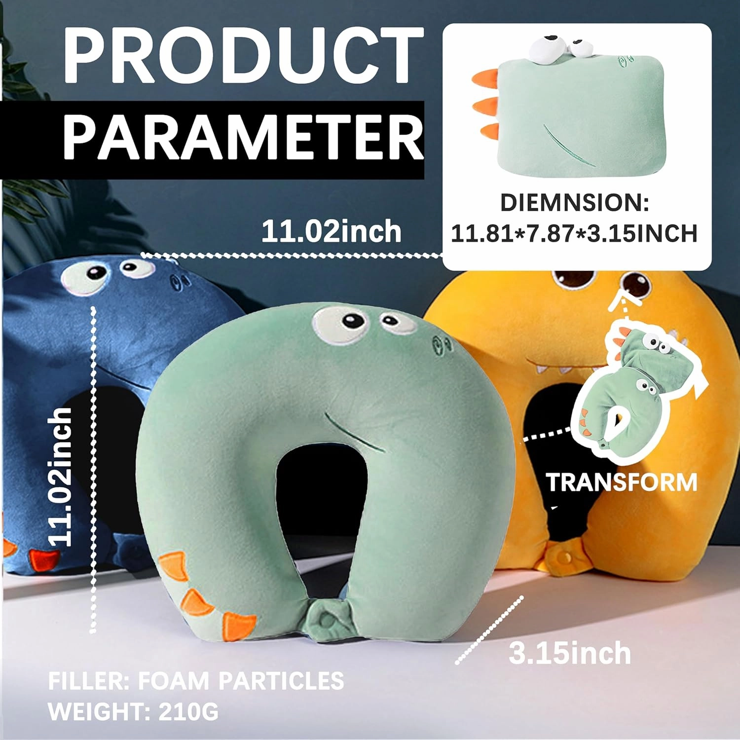 Kids Neck Pillows for Travel - Animal 2-in-1 Transforming Plush Travel Pillow for Airplane and Car Journeys - Adorable U-Shaped Headrest & Neck Support for Kids and Adults - Green Dinosaur
