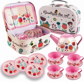 Kids Pretend Play Toy Tin Tea Party Set Kit for Little Girls, Princess Tea Time Kitchen Pretend Fake Party Play Food Teapot Set (Tea Party Set - Pink Flower)