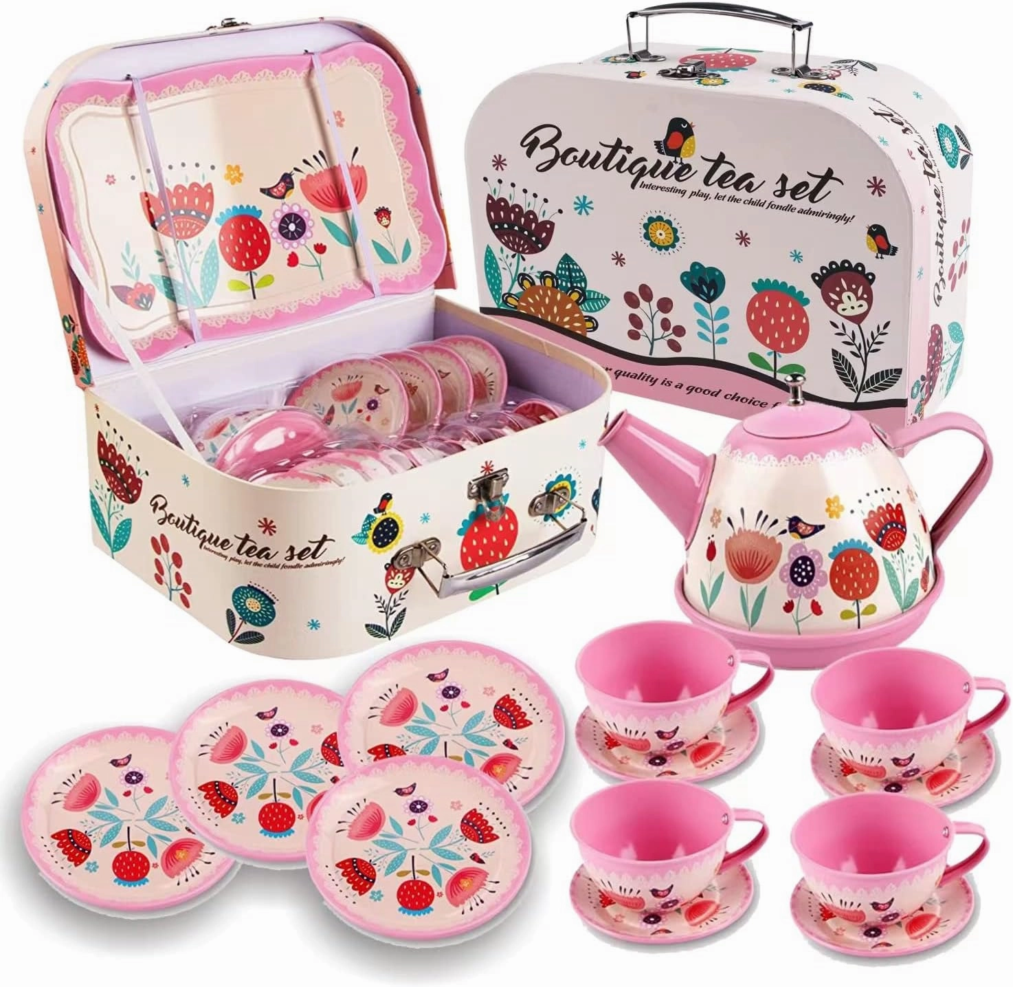 Kids Pretend Play Toy Tin Tea Party Set Kit for Little Girls, Princess Tea Time Kitchen Pretend Fake Party Play Food Teapot Set (Tea Party Set - Pink Flower)