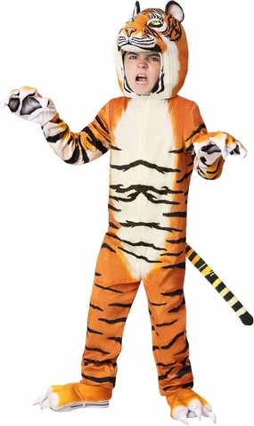 Kids Realistic Jungle Tiger Costume, Striped Plush Big Cat Jumpsuit for Children