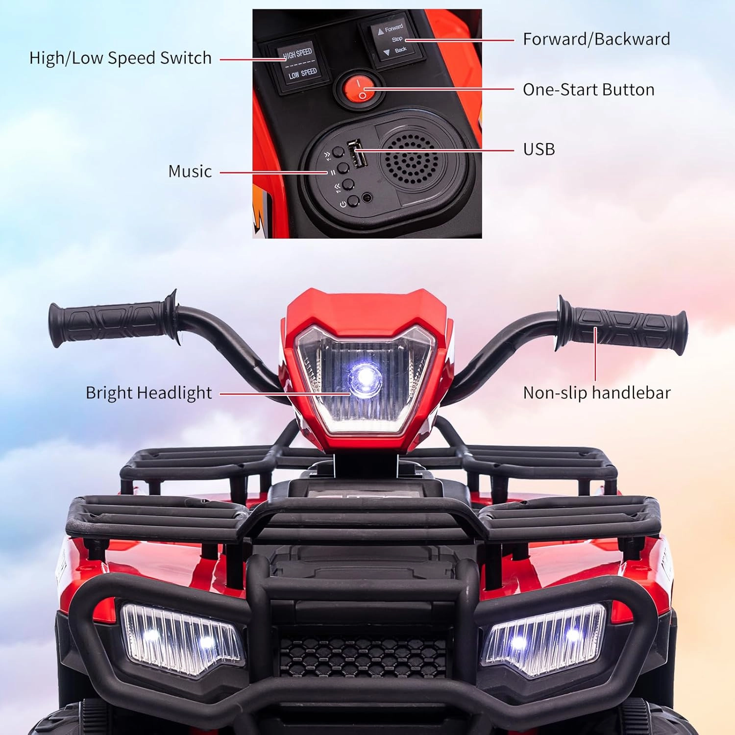 Kids Ride On ATV, 12V Kids 4 Wheeler Battery Powered Toy Car for Toddlers， w/Led Lights, High & Low Speed, Horn, Music, USB, Forward & Backward,Ride On Four Wheeler Quad for Boys & Girl-Red